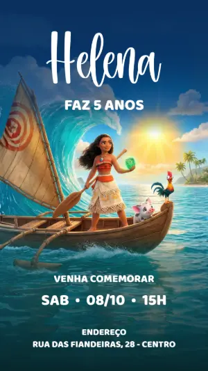 Convite Digital Moana Aventura Tropical Editável