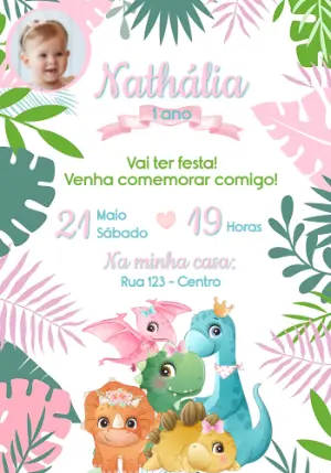 Convite Aniversário Dino Baby Menina com Foto para Editar