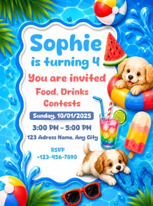 Cute Puppy Pool Party Birthday Invitation - Editable Template