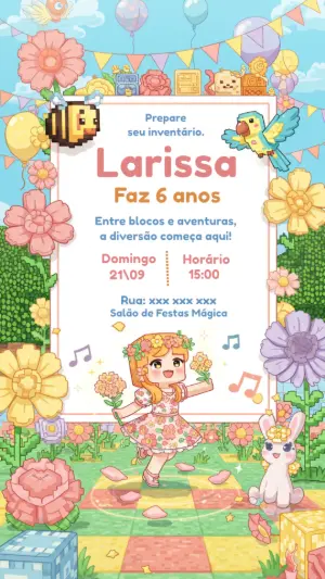 Convite Aniversário Minecraft Menina Floral para Editar Online