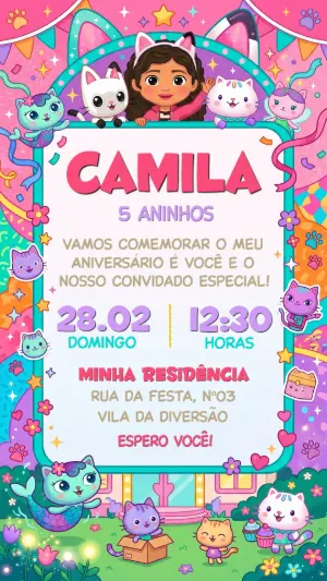 Convite A Casa Mágica da Gabby Rosa e Colorido para Editar
