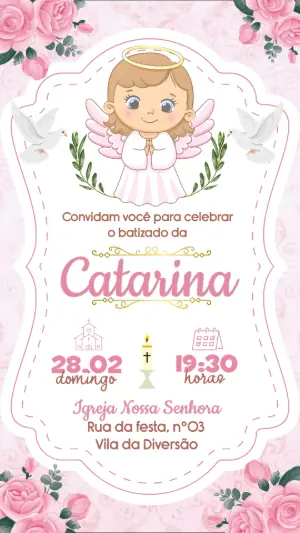 Convite de Batizado Menina Anjinha Rosa Editável