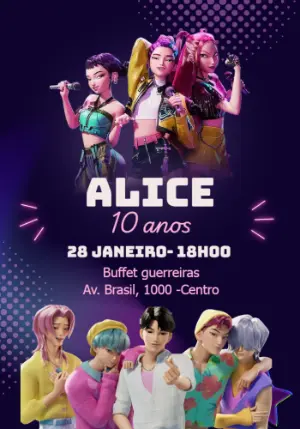 Convite de Aniversário Guerreiras do Kpop para Editar e Enviar