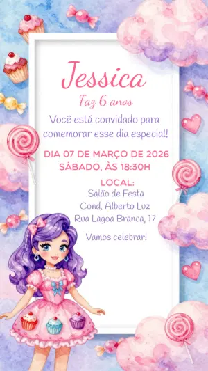 Convite Digital Festa Candy Land com Boneca para Editar