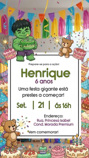 Convite Aniversário Hulk Fofo para Editar Online