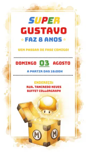 Convite Aniversário Super Mario com Bloco Surpresa para Editar