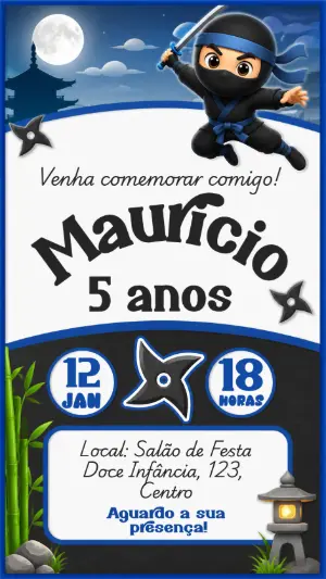 Convite Digital Aniversário Ninja para Menino Editável