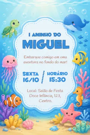 Convite de Aniversário Fundo do Mar Editável