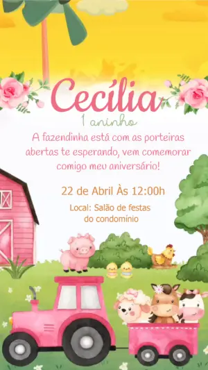Convite Animado Fazendinha Rosa com Animais para Editar Online