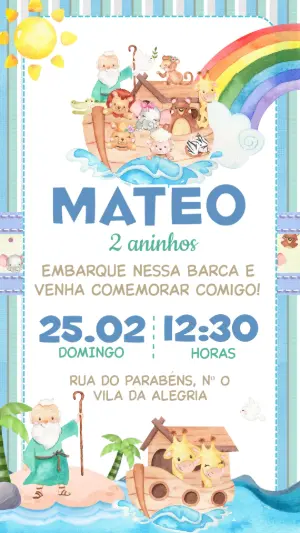 Convite de Aniversário Arca de Noé Aquarela Menino Editável