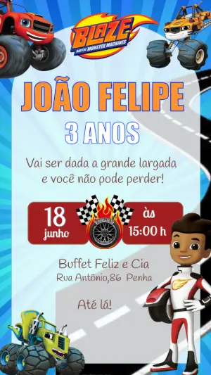 Convite de Aniversário Blaze and the Monster Machines Editável