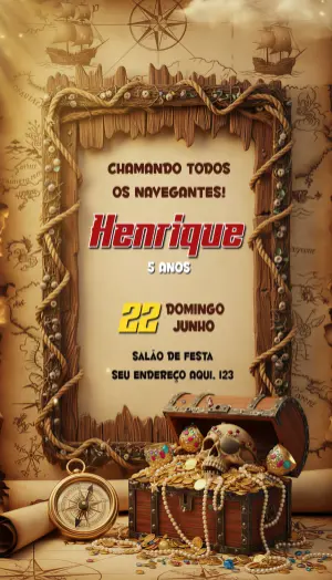 Convite de Aniversário Pirata Rústico para Editar Online
