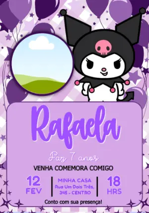 Convite de Aniversário Kuromi Roxo Editável com Foto