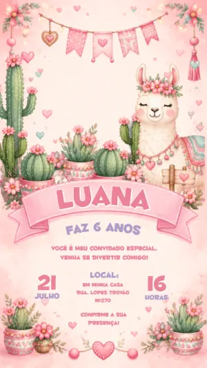 Convite Aniversário Lhama e Cacto Rosa Editável