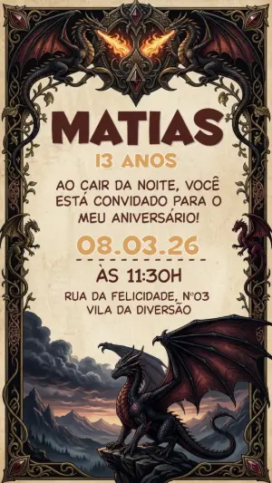 Convite de Aniversário Dragão Épico para Editar e Enviar