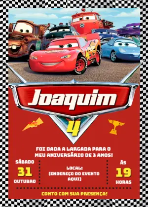 Convite de Aniversário Carros Relâmpago McQueen Editável