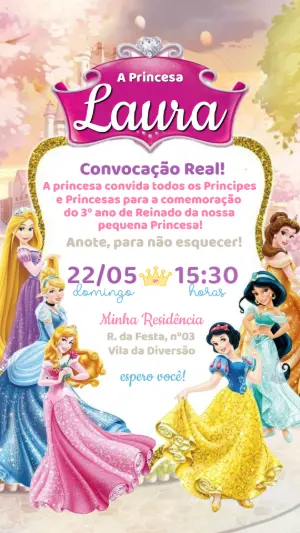 Convite de Aniversário Princesas Rosa e Dourado Editável