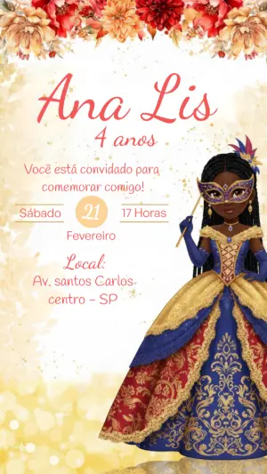 Convite Digital Aniversário Princesa com Máscara para Editar