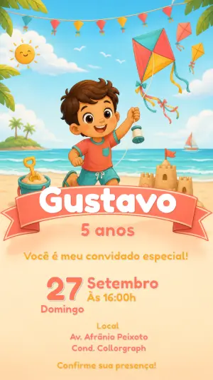 Convite de Aniversário Praia e Pipa | Modelo Editável