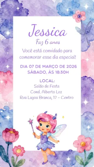Convite de Aniversário Fada Encantada Aquarela para Editar