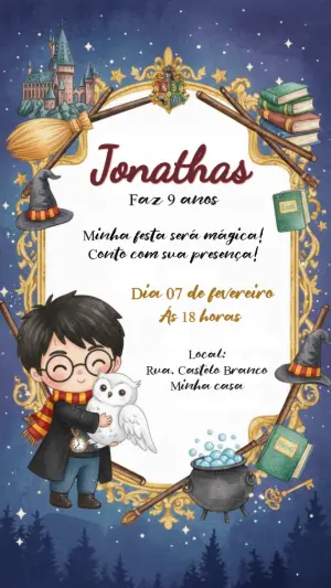 Convite de Aniversário Harry Potter Mágico para Editar