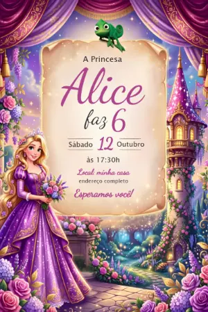Convite Digital Rapunzel: Modelo Editável para Festa Infantil
