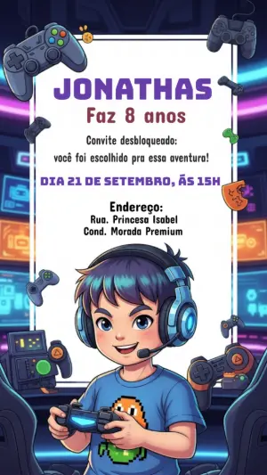 Convite de Aniversário Gamer com Menino para Editar Online