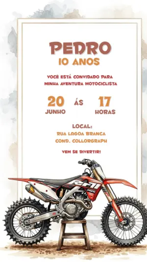 Convite de Aniversário Motocross Aquarela para Editar