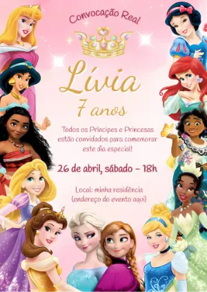 Convite de Aniversário Princesas Disney para Editar Online