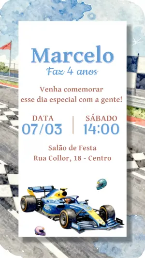Convite de Aniversário Fórmula 1 Aquarela para Editar Online