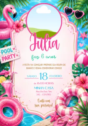 Convite de Aniversário Festa na Piscina Flamingo com Foto