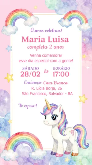 Convite de Aniversário Unicórnio Fofo e Arco-íris Editável