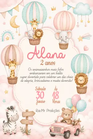 Convite de Aniversário Safari Aquarela com Balões Editável
