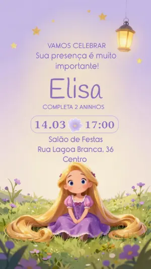 Convite Digital Rapunzel Lilás para Aniversário Infantil Editável