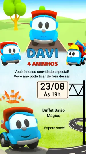 Convite Animado Aniversário Léo o Caminhão para Editar Online