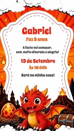 Convite Digital Aniversário Tema Dragão para Editar