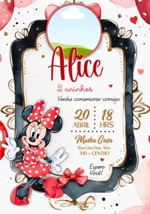 Convite de Aniversário Minnie Vermelha Aquarela para Editar