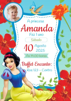 Convite de Aniversário Branca de Neve Floral com Foto para Editar