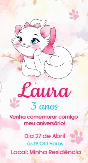 Convite de Aniversário Gata Marie Aquarela para Editar