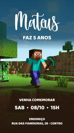 Convite Digital Minecraft Infantil Editável para Festa