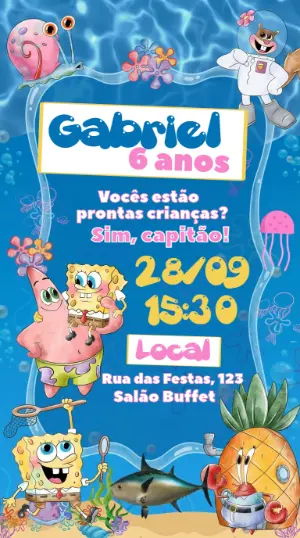 Convite de Aniversário Bob Esponja Infantil para Editar
