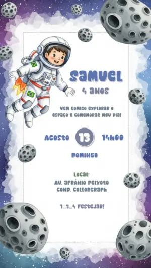 Convite de Aniversário Astronauta no Espaço para Editar Online