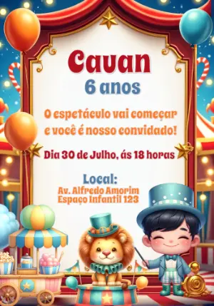 Convite Aniversário Circo com Mágico e Leão para Editar