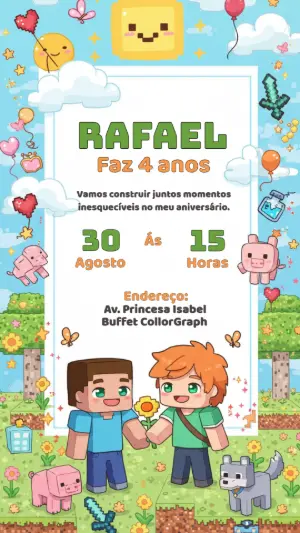 Convite de Aniversário Minecraft Fofo para Editar Online