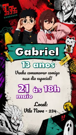 Convite de Aniversário Dandadan Anime Editável