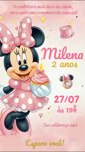 Convite Animado Minnie Confeiteira Rosa para Editar