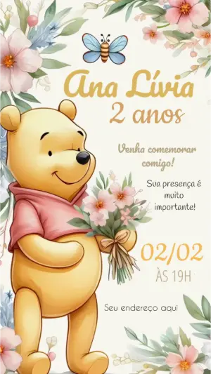 Convite Animado Ursinho Pooh Menina Floral para Editar
