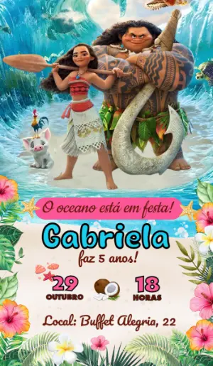 Convite de Aniversário Moana com Personagens para Editar Online