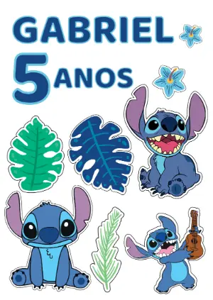 Topo de Bolo Stitch Aniversário com Elementos para Editar Online