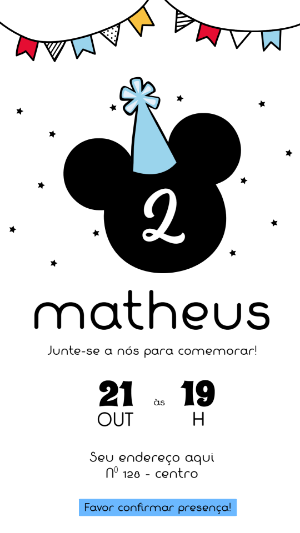 Convite Aniversário Mickey Mouse Minimalista para Editar